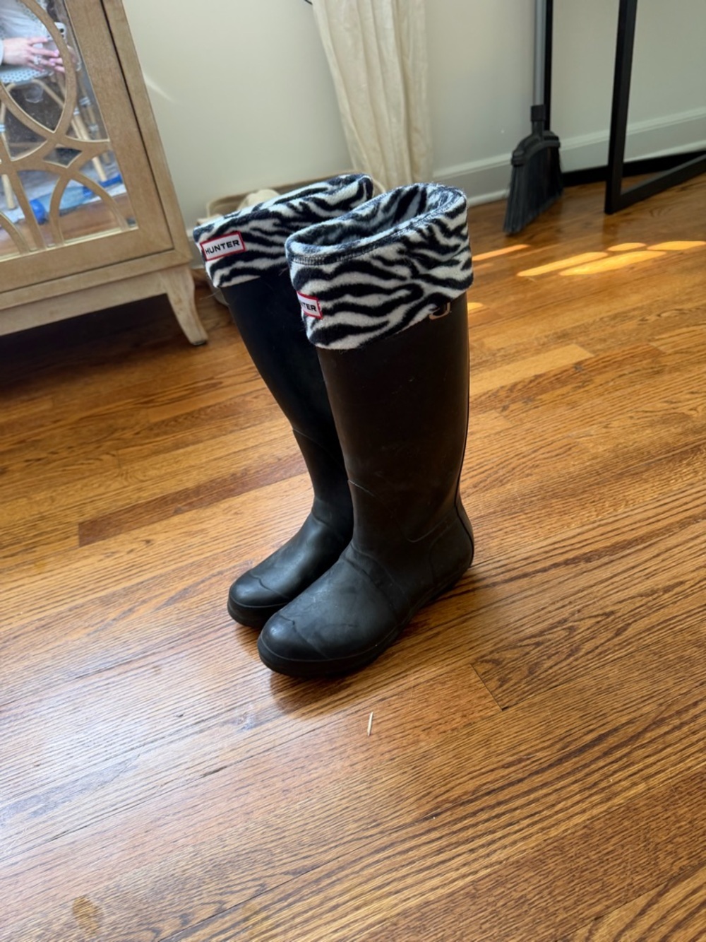 Hunter Black Rain Boot with Zebra Warmer